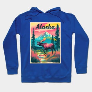 Alaska Moose Mountain Trees Retro Risograph Design Souvenir Hoodie